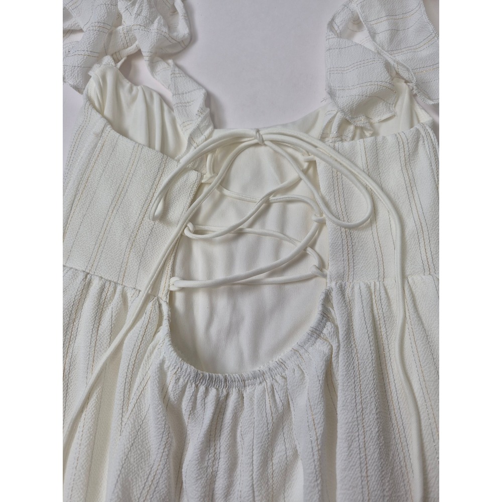 White Gold Pinstripe Ruffle Mini Dress Corset Lace Up Back Tie Strap Womens S - Picture 13 of 16